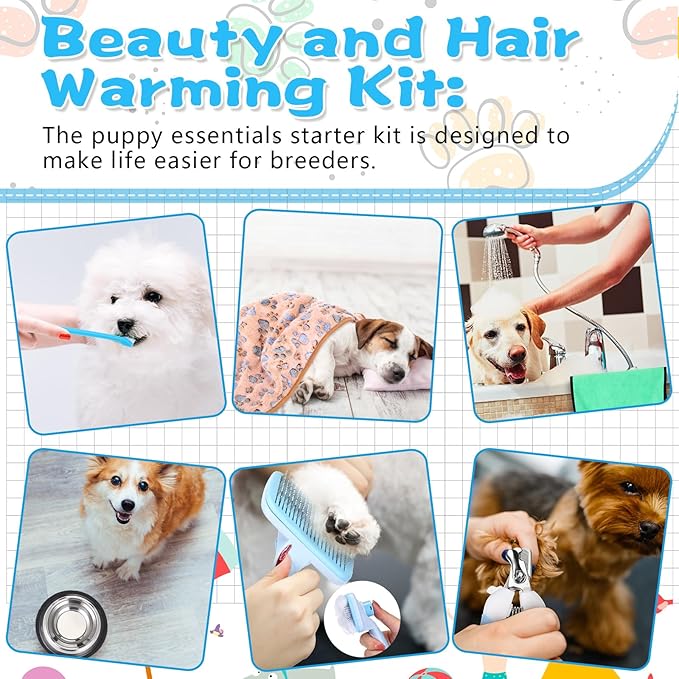 65 Pcs Puppy Supplies Starter Kit Small Dog Essentials Includes Dog Leash, Toys, Bowl, Brushes, Water Bottles, pet Blankets Puppy Accessories for New Welcome Gift Supplies(Cool,Blue)-PurrikoPets