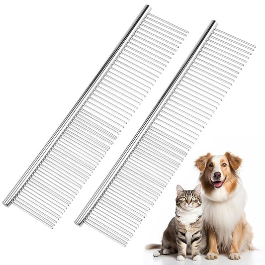 2Pcs Stainless Steel Dog Comb, Round Tooth Cat Comb with 2 Tooth Widths, Metal Combs for Removing Knots and Tangles, Grooming Tool for Long and Short Hair Pets, 7.5 IN Silver-PurrikoPets
