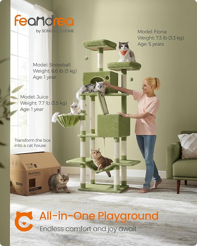 Feandrea Cat Tree, 81.1-Inch Large Cat Tower with 13 Scratching Posts, 2 Perches, 2 Caves, Basket, Hammock, Pompoms, Multi-Level Plush Cat Condo for Indoor Cats, Green UPCT190C01-PurrikoPets