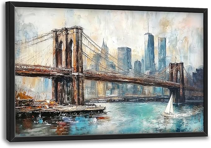 Extra Large Framed Brooklyn Bridge Wall Art,New York City Wall Decor,Abstract Skyline Cityscape Pictures for Living Room,Canvas Print Painting Modern Artwork Bedroom Office Bathroom 36L x24W-PurrikoPets