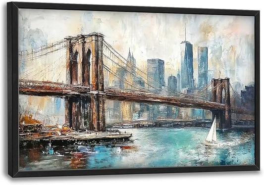 Extra Large Framed Brooklyn Bridge Wall Art,New York City Wall Decor,Abstract Skyline Cityscape Pictures for Living Room,Canvas Print Painting Modern Artwork Bedroom Office Bathroom 36L x24W-PurrikoPets