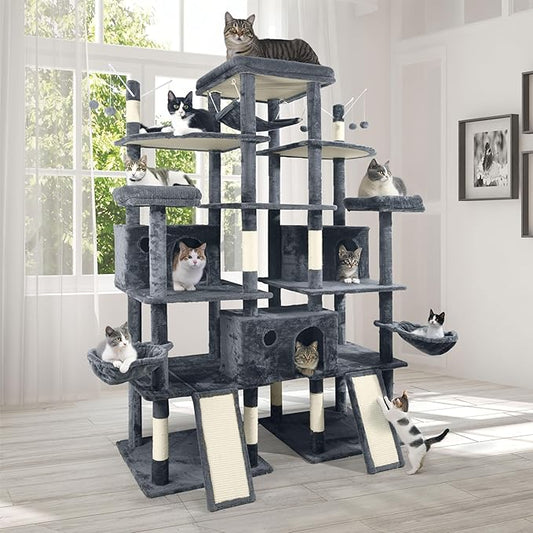 Extra Large 80-Inch Tall Cat Tree w/Widened Perch for Large Cats, Big Cat Tower Indoor, Modern Multi-Level Activity Tower with Scratching Posts, Condos, Baskets, Hammock, Scratching Ramps-PurrikoPets
