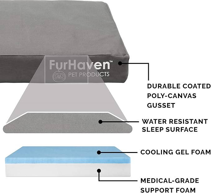 Furhaven Water-Resistant Cooling Gel Dog Bed for Medium/Small Dogs w/ Removable Washable Cover, For Dogs Up to 35 lbs - Indoor/Outdoor Logo Print Oxford Polycanvas Mattress - Stone Gray, Medium-PurrikoPets