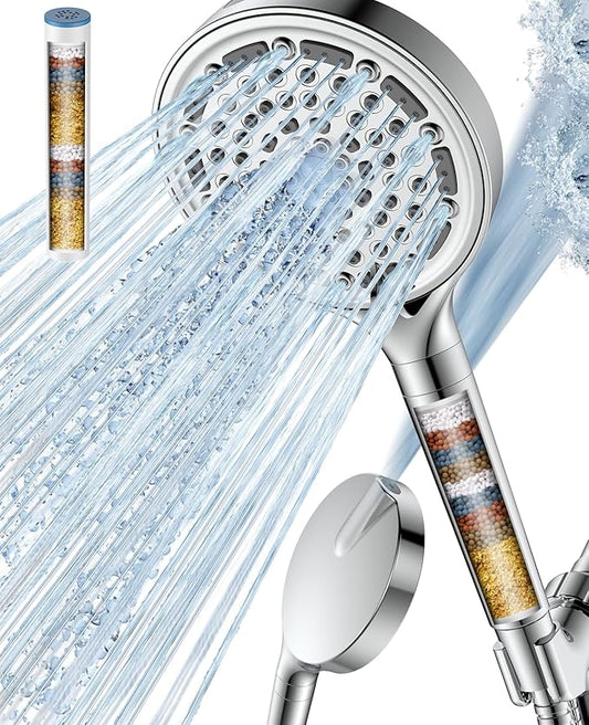 Filtered Shower Head with Handheld, Huge 6-Inch High Pressure Detachable Showerhead with Filters, Premium Chrome Water Softener Shower Head for Hard Water, Built-in Power Wash to Clean Tub and Pets-PurrikoPets