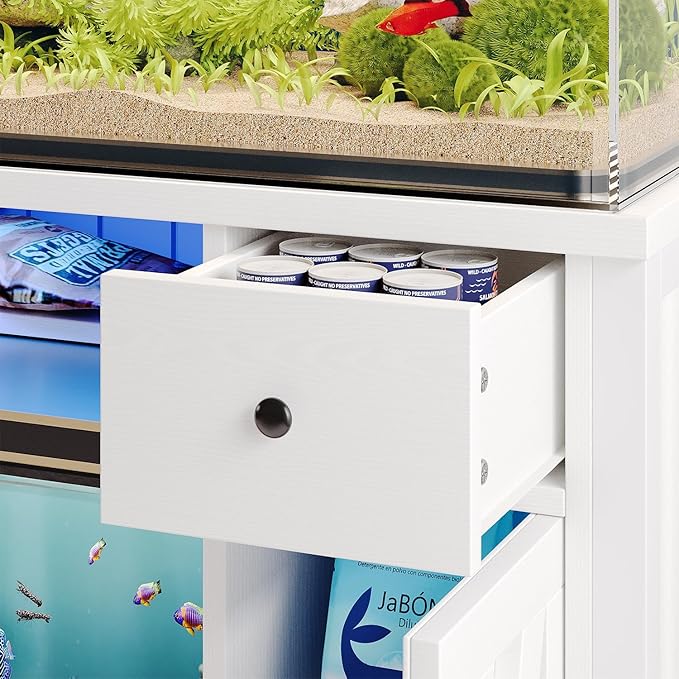 75 Gallon Fish Tank Stand with LED Light & Power Outlets, 55-75 Gallon Aquarium Stand with 2 Drawers & 2 Barn Doors, 52" L x 20" W Cabinet for 2 Fish Tank Accessories Storage, Turtle Tank, White-PurrikoPets