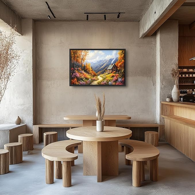 Framed Large Autumn Mountain Wall Art for Living Room, Oversized Wildflower Tree Wall Decor Nature Landscape Canvas Painting Modern Artwork Home Decoration for Living Room Bedroom 36"x24"-PurrikoPets