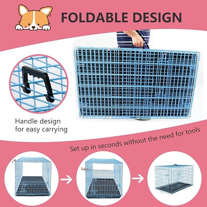 FDW Dog Crate for Large Dogs 48 Inch Folding Metal WirePet Cage Double Door W/Divider Panel Indoor Outdoor Kennel Leak-Proof Plastic Tray,Blue-PurrikoPets