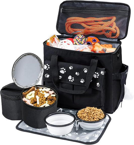 Dog Travel Bag, Airline Approved Dogs Bags for Traveling, 2 Dog 's Food Travel Container and Collapsible Bowls, Weekend Pet Travel Bags-PurrikoPets