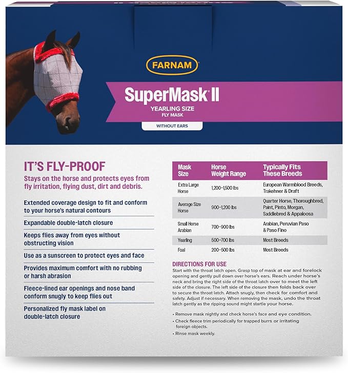 Farnam SuperMask II horse fly mask without ears, extended coverage, protects eyes from insects and debris, adjustable throat latch, Yearling size-PurrikoPets