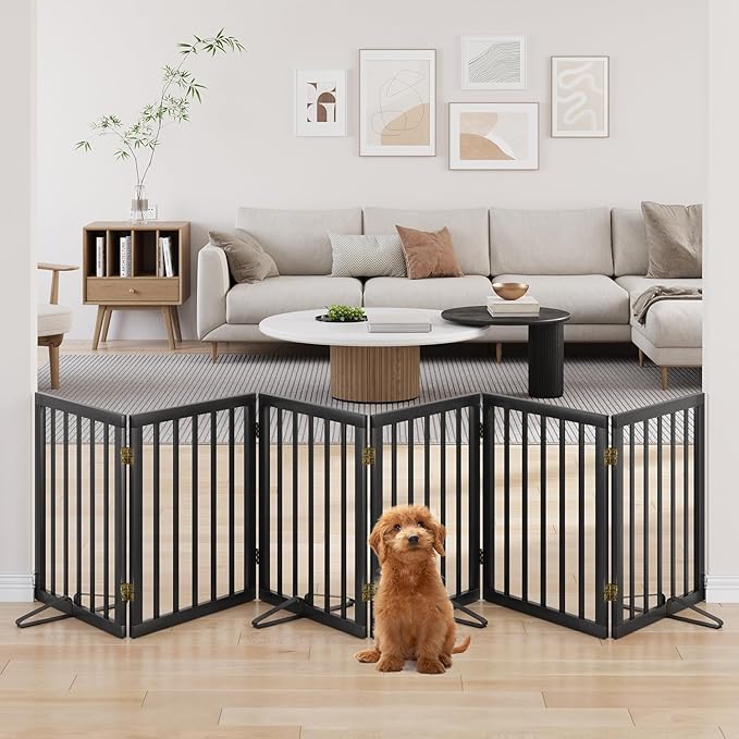 Extra Wide Dog Gate 110 inches Wide, Freestanding Pet Gate for The House Doorway, Pet Puppy Barrier, Support Feet Included, Black,6 Panels-PurrikoPets