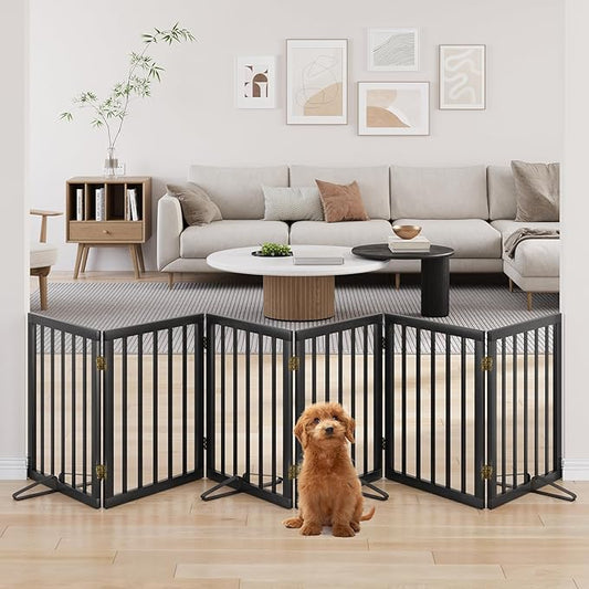 Extra Wide Dog Gate 110 inches Wide, Freestanding Pet Gate for The House Doorway, Pet Puppy Barrier, Support Feet Included, Black,6 Panels-PurrikoPets
