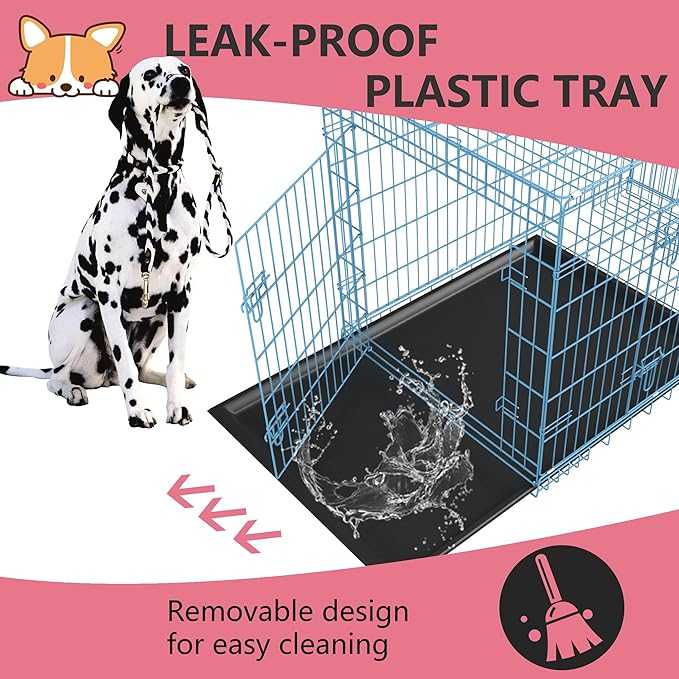 FDW Dog Crate for Large Dogs 48 Inch Folding Metal WirePet Cage Double Door W/Divider Panel Indoor Outdoor Kennel Leak-Proof Plastic Tray,Blue-PurrikoPets