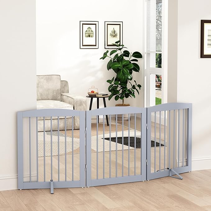 Freestanding Pet Gate for Dogs, Foldable Wooden Dog Gate for House, Indoor Dog Gate for Doorways, Stairs, Gates for Dogs Indoor, Support Feet Included, 24" Height 3 Panels, Grey-PurrikoPets