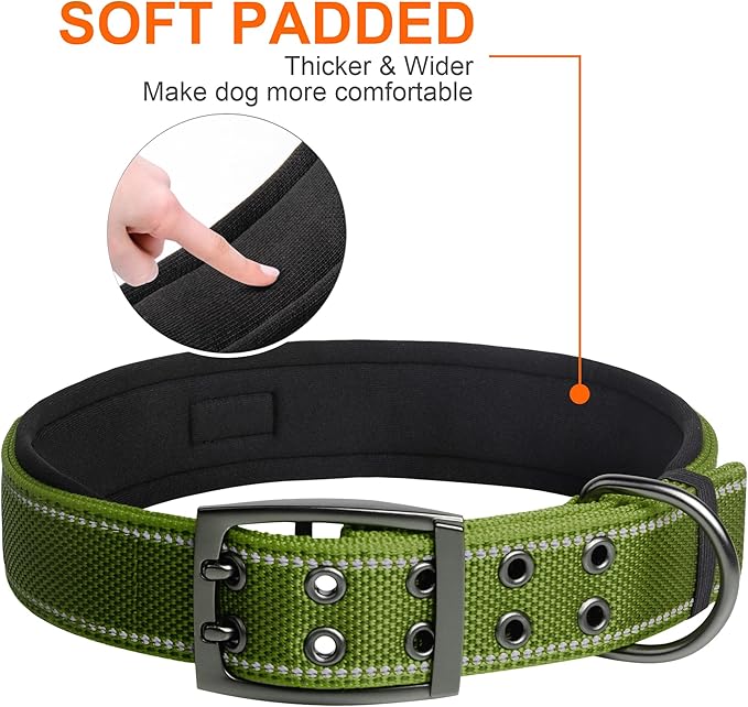 Fida Heavy DutyDog Collar for Large Dogs, Ultra Comfortable Soft Neoprene Padded, Adjustable Reflective Nylon Pet Collar with Durable Metal Belt Buckle for Extra Large Breeds(XL, Green)-PurrikoPets