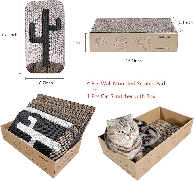4 Pcs Cat Scratcher Wall Mounted Scratch Pad +Cat Scratcher Box Door Cat Nail File Scratcher for Wall Modern Cute Cardboard Vertical Cat Scratching Post, Furniture Protector-PurrikoPets