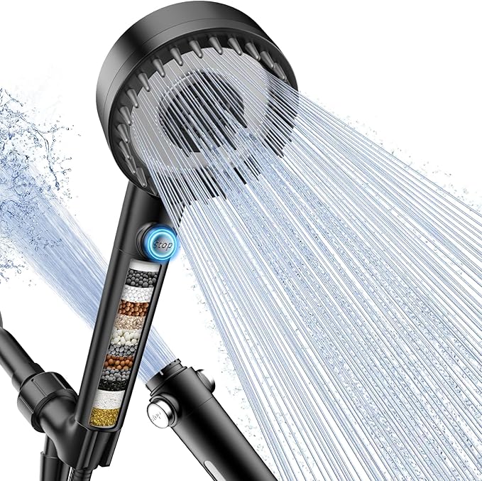 Filtered Shower Head with Handheld, High Pressure 4 Spray Mode Showerhead with Filters, Water Softener Beads for Hard Water with ON/OFF Switch for Pets - Remove Chlorine-PurrikoPets