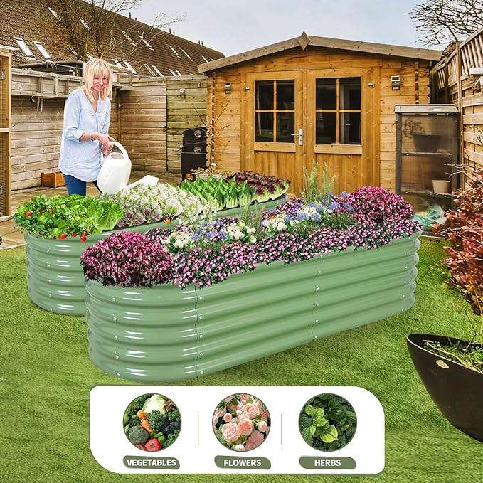 Galvanized Raised Garden Bed Outdoor- Raised Beds for Gardening| Metal Planter Box, Steel Raised Garden Bed Kit with Safety Edging and Gloves for Vegetables, Flower, Herbs (6x2x1.4FT, Green)-PurrikoPets