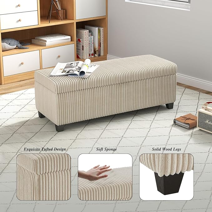 48" Ottoman with Storage, Corduroy Storage Ottoman Bench for Bedroom, End of Bed Bench with Safety Hinge for Living Room, Bedroom, Entryway, Beige-PurrikoPets