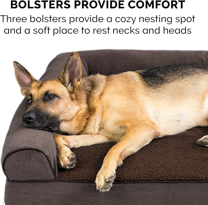Furhaven Orthopedic Dog Bed for Large Dogs w/ Removable Bolsters & Washable Cover, For Dogs Up to 95 lbs - Sherpa & Chenille Sofa - Coffee, Jumbo/XL-PurrikoPets