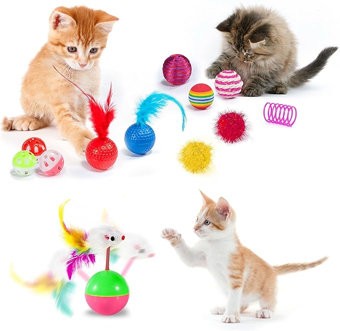 AILUKI 35 PCS Cat Toys Kitten Toys Assortments,Variety Catnip Toy Set Including 2 Way Tunnel,Cat Feather Teaser,Catnip Fish,Mice,Colorful Balls and Bells for Cat,Puppy,Kitty-PurrikoPets
