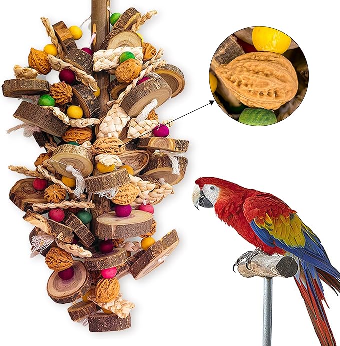Extra Large Bird Parrot Toys- 21.7 inch Multicolored Natural Wooden Walnut Parrot Chewing Toy Suggested for Macaws cokatoos, African Grey and a Variety of Amazon Parrots. (Large Size)-PurrikoPets