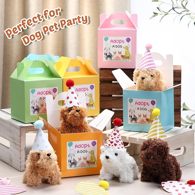 20 Pcs Mini Plush Dog Bulk 4 Inch Small Stuffed Puppy Set Include 20 Adopt a Pet Kraft Paper Boxes and 20 Cute Cone Hats Soft Dog Animals for Kids Birthday Adopt a Puppy Favor Gifts-PurrikoPets