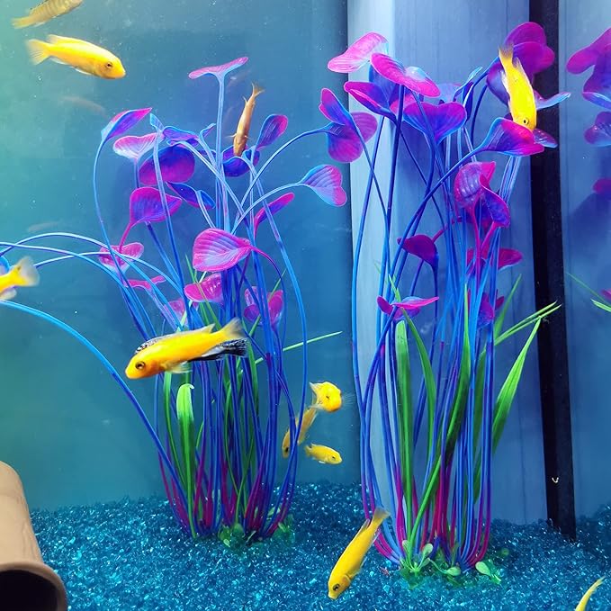 ALEGI Fish Tank Decorations Plastic Plants Large,Aquarium Artificial Plants Decoration Ornament Safe for All Fish-16 inch 2Pcs (Purple 2 pcs)-PurrikoPets