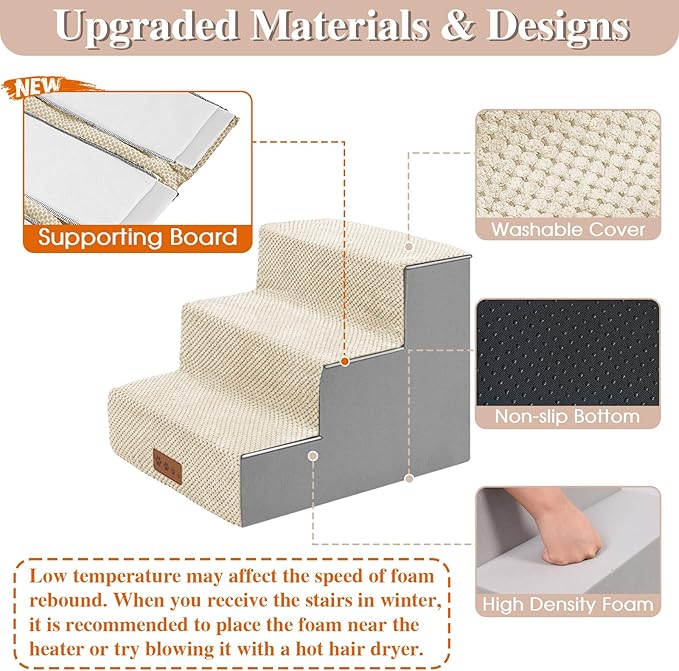 GGIB Dog Stairs for Small Dogs Pet Stairs for Sofa Couch Dog Ramp Pet Steps with Removable Washable Cover, Beige, 13" H, 3-Step-PurrikoPets