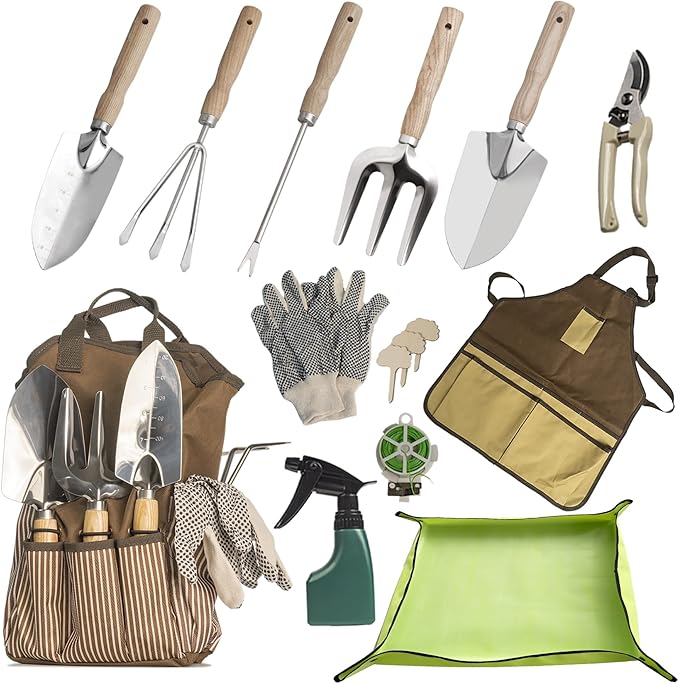 13-Piece Garden Tools Set with Tote Bag & Apron, Repotting Mat - Stainless Steel Heavy Duty Planting Kit, Ergonomic Non-Slip Handles - Gardening Gift for Women, Mom, Home Gardeners-PurrikoPets