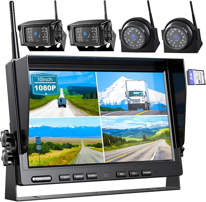 Fookoo HD 10" Wireless Backup Camera System, 1080P 10-inch Quad Split Monitor w/Recording, Waterproof Side & Rear View Cameras, 4 Channel, Digital Signal, Parking Lines for RV/Truck/Trailer-PurrikoPets