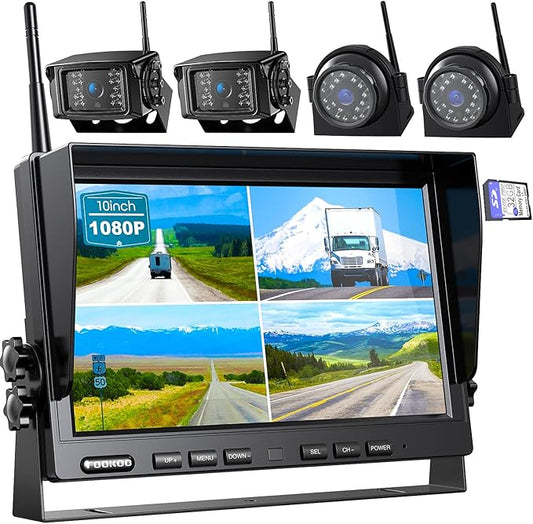 Fookoo HD 10" Wireless Backup Camera System, 1080P 10-inch Quad Split Monitor w/Recording, Waterproof Side & Rear View Cameras, 4 Channel, Digital Signal, Parking Lines for RV/Truck/Trailer-PurrikoPets