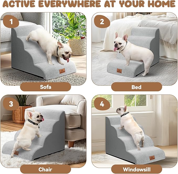 Dog Ramp and Stair for Bed 16" H-20 H,3-Step Cat Stair for Sofa and Chair,4-Step Dog Ramp for High Bed and Window,Durable Nonslip Fabric Cover for Indoor (Light Grey-20 H, Pet Friendly, 4)-PurrikoPets