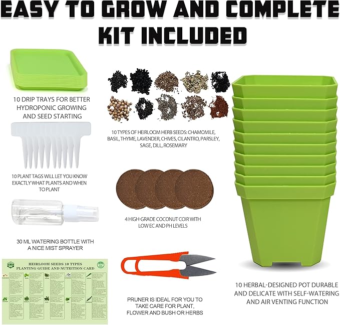10 Herb Seeds Garden Starter Grow Kit with Green Pots, Markers, Nutritional Soil, Watering, Herb Clipper, Complete Indoor Potted Plant Growing Set for Kitchen DIY-PurrikoPets
