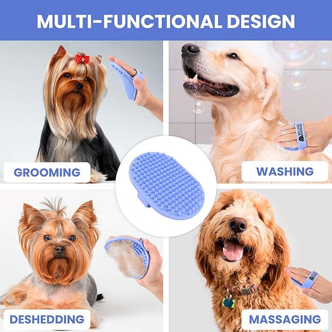 Dog Grooming Bath Brush, Pet Rubber Brush For Shower Scrubbing & Soothing Massage, Ideal for Long & Short Haired Dogs and Cats, Essential Puppy Grooming Accessories, Short Pins [We Love Doodles]-PurrikoPets