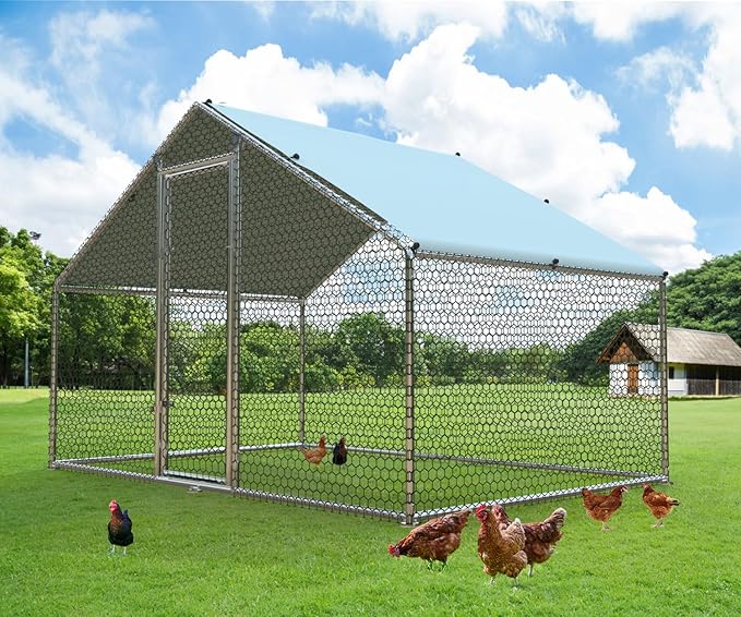 1.26’’ Large Metal Chicken Coop Walk in, Chicken Pen for Chickens, Outdoor Chicken Runs Coops Dog Kennel, Spire Roofed Chicken Runs for Yard with Anti-Ultraviolet Cover(9.8’Lx6.6’Wx6.4’H)-PurrikoPets