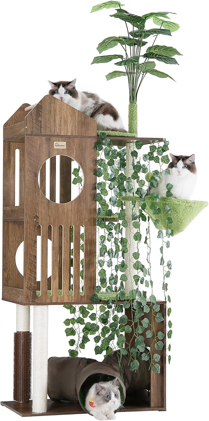 FourFurPets Large Cat Tree with Leaves, 72.8-Inch Cat Tower for Indoor Cats, Modern Cat Tree with Scratching Post, Large Perch, Tunnels, Swing Ball, Self Groomer, Greige-PurrikoPets
