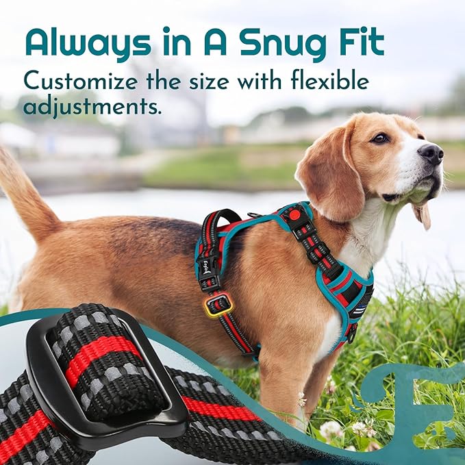 Eagloo Dog Harness for Large Dogs, Easy Wearing with 3 Buckles, Adjustable No Pull Pet Harness with 2 Rings for Walking, No Chock Reflective Soft Padded Vest with Control Handle, Red & Teal, L-PurrikoPets