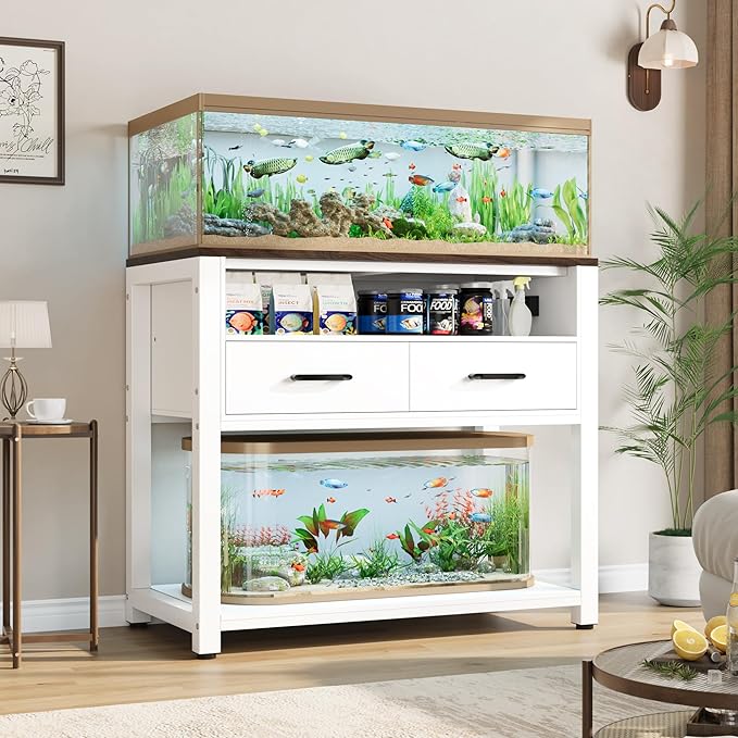40-49 Gallon Fish Tank Stand with Two Storage Drawers, Heavy Duty Aquarium Stand with Waterproof Mat, Sturdy Metal Frame, 800 LBS Capacity Storage Cabinet, White-PurrikoPets