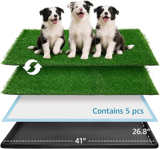 Dog Grass pad with Tray,41”x 26.8” Indoor Dog Potty with 2 Packs Replacement Artificial Fake Grass-5 Packs Disposable Puppy Pads,for Puppy Training Apartment, Outdoor Use-PurrikoPets