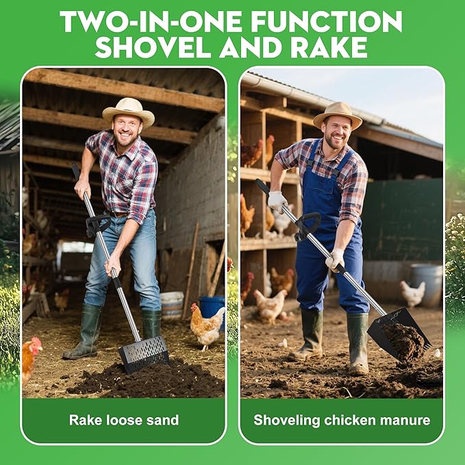 2-in-1 Chicken Poop Scooper & Rake - Adjustable Chicken Coop Scoop with Handle（39、53、67 in），Stainless Steel Shovel Head- Litter Scooper Sand & Sifting Shovel for Chicken Coops-PurrikoPets