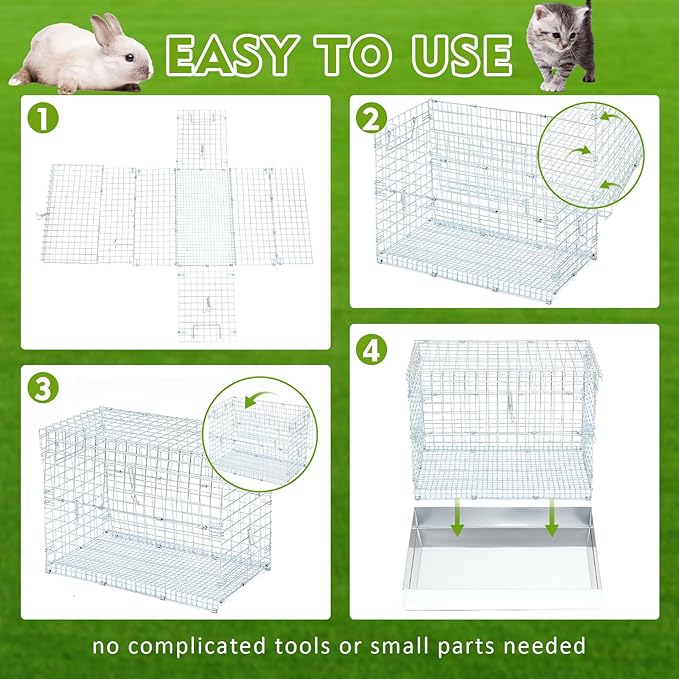 Folding Rabbit Cage, 18 x 10 x 14 in Portable Bunny Carrier with Tray and Handles for Transport, Travel or Temporary Housing, Indoor Outdoor Pet Habitat Animal Enclosure-PurrikoPets