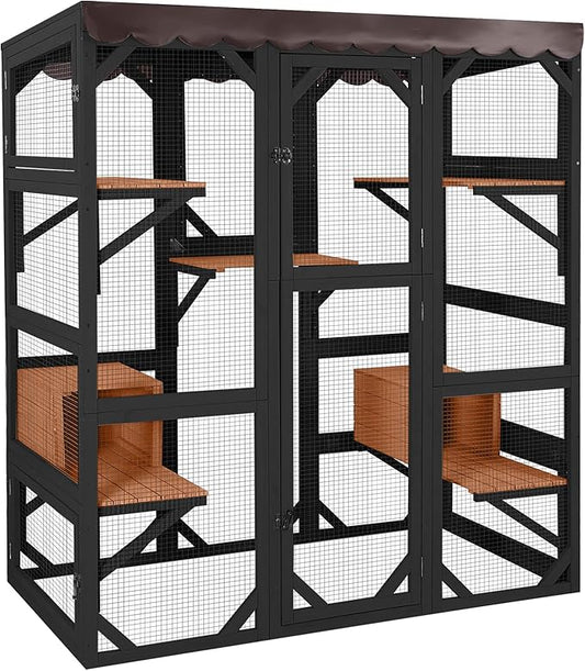 Aivituvin Catio Outdoor Cat Enclosure Large Cat House for Mulitiple Cats Walk in Kitty Cage with Tarp Roof 70" Black-PurrikoPets