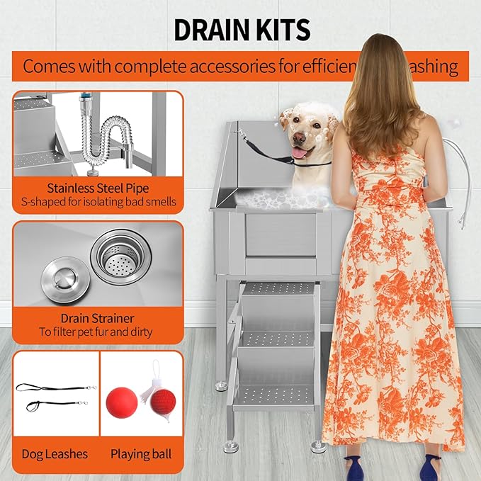 Dog Washing Station 38'' Stainless Steel Pet Grooming Tub for Large Dogs Over-Size Professional Dog Grooming Bathtub Station Wash Shower Sink Pet Grooming Bathtub Station,Left Door-PurrikoPets