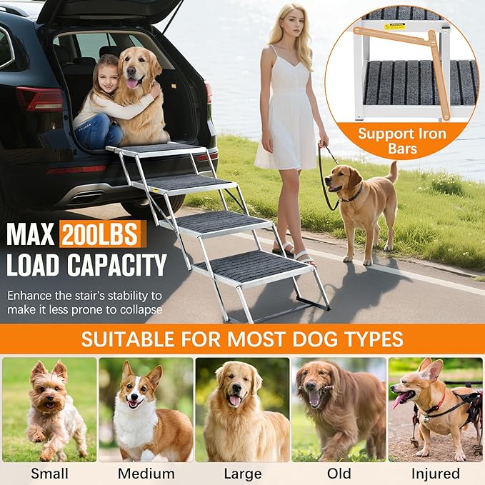 20" Extra Wide Dog Ramp, 4-Step Foldable Pet Stairs with Non-Slip Carpet - Lightweight Aluminum for SUV/Truck/Car & High Beds - Supports Large Dogs up to 200Lbs-PurrikoPets