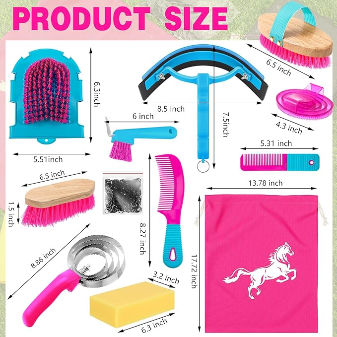 Abbylike 12 Pieces Horse Grooming Kit Racing Festival Tack Room Supplies Horse Brush Sets Equine Care Cleaning Kit Shedding Grooming Massaging Tools(Rose Red)-PurrikoPets