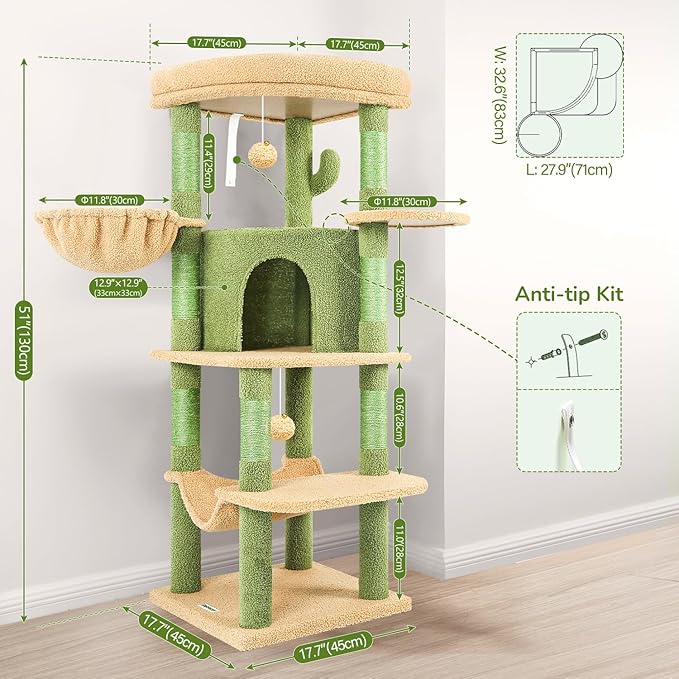 Globlazer Cactus Corner Cat Tree Tower with Scratching Post for Indoor Cats, 51in Multi-Level Cat Condo Tower with Large Hammock, Fan-Shaped Padded Perch, Spacious Cat Cave, Hanging Basket, C51, Green-PurrikoPets