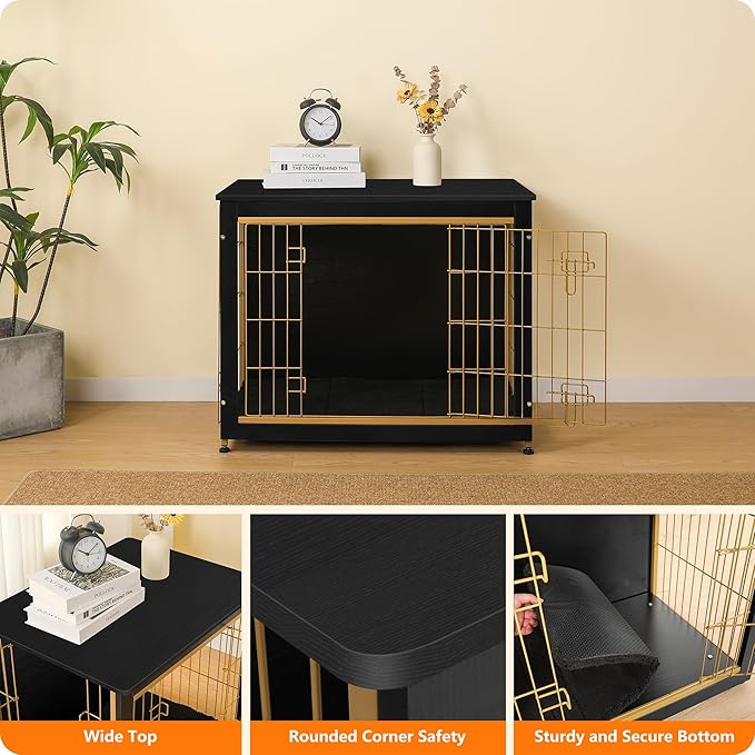 DWANTON Dog Crate Furniture with Cushion, Wooden Kennel Table with Double Doors, Indoor Dog House, Medium Size, 32.5" L, Black+Gold-PurrikoPets