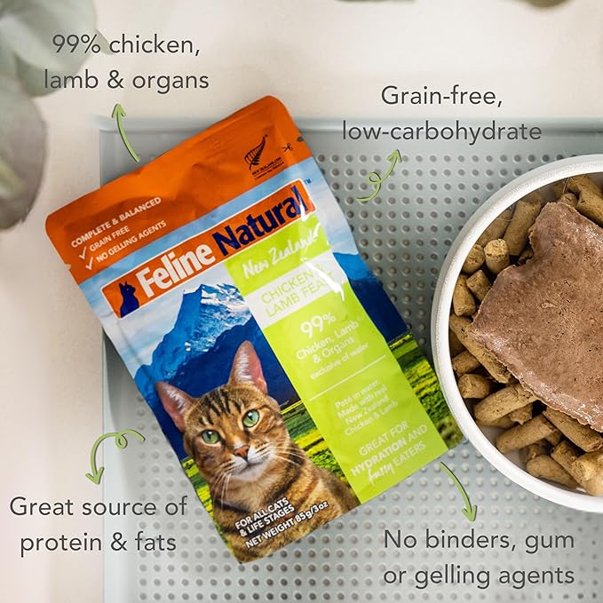Feline Natural Wet Cat Food Pouch - Chicken & Lamb Feast, Grain-Free, Cage-Free & Grass-Fed, New Zealand Made, Single Serve Pate, 3oz, 12 Pack-PurrikoPets