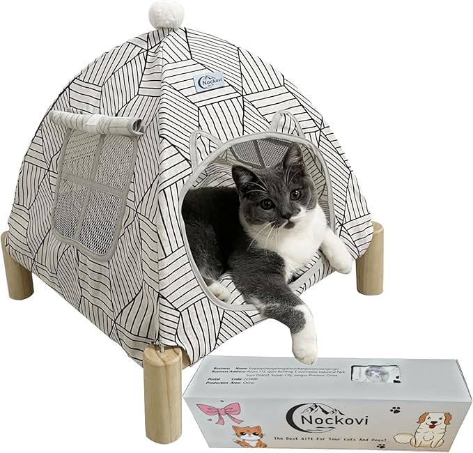 2-in-1 Elevated Cat Tent Cat House, Quick Assembly and Disassembly, Portable Indoor/Outdoor Cute Cat Bed Cave-White Diamond Pattern-PurrikoPets