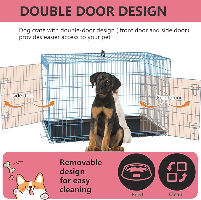 FDW Dog Crate for Large Dogs 48 Inch Folding Metal WirePet Cage Double Door W/Divider Panel Indoor Outdoor Kennel Leak-Proof Plastic Tray,Blue-PurrikoPets